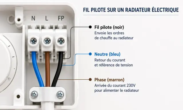 Branchement convecteur électrique : fil pilote noir, neutre bleu et phase marron connectés. Le fil pilote envoie les ordres de chauffe.