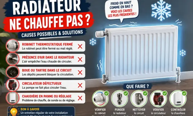 Radiateur froid : causes possibles (robinet, air, boue ou tartre dans le circuit) et solutions. Entretien régulier pour éviter les problèmes.