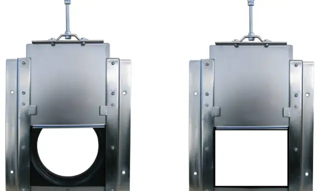 Deux vannes murales guillotine en métal, l'une avec une ouverture ronde, l'autre avec une ouverture rectangulaire.