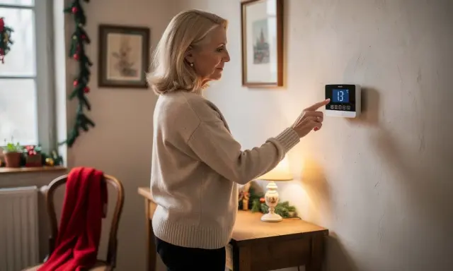 Une femme ajuste le thermostat pour maintenir la température hors gel de sa maison. L'écran affiche 13°C.