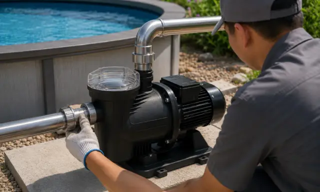 Installation d'une pompe de piscine 1 cv. Un technicien ajuste le tuyau d'une pompe pour optimiser la consommation.