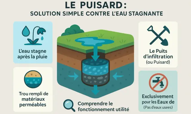 Schéma expliquant le fonctionnement d'un puisard pour le traitement de l'eau de puits. Il montre l'infiltration de l'eau stagnante dans le sol via un puits d'infiltration.
