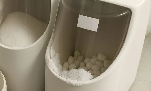 Deux bacs d'adoucisseur d'eau. L'un contient du sel en poudre, l'autre des pastilles de sel. L'eau dans le bac à sel adoucisseur est essentielle.
