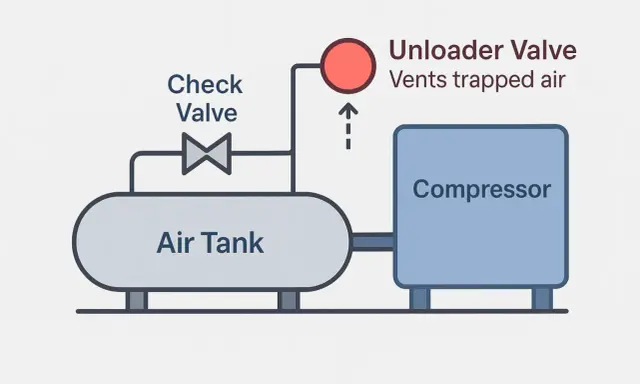 Diagramme d'un compresseur d'air, d'une cuve et d'une soupape de décharge.