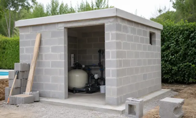 Construction d'un local technique pour piscine en dur. L'abri en parpaings abrite le système de filtration.