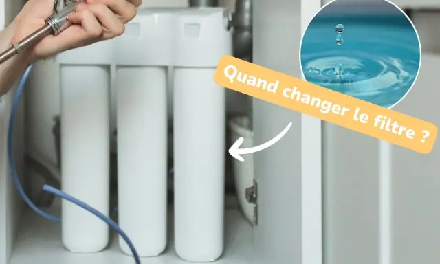 Main d'un homme tenant un robinet, avec un système de filtration d'eau et un texte "Quand changer le filtre ?". Un filtre adoucisseur bloqué peut causer des problèmes.