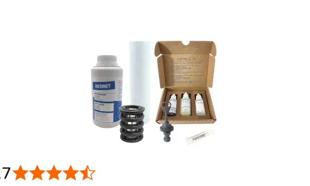 Kit pour réglage adoucisseur Fleck 5600 : résine, tube, réactifs pour contrôle TH et lubrifiant.