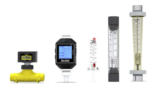 Ensemble de débitmètres, incluant un modèle numérique avec écran et un débitmètre à flotteur, pour mesurer le débit de liquides.
