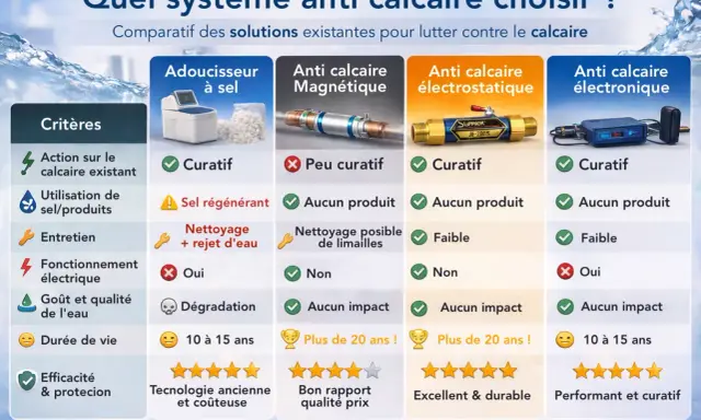 Comparatif des systèmes anti calcaire : adoucisseur à sel, magnétique, électrostatique et électronique. Lequel choisir pour une eau sans calcaire ?