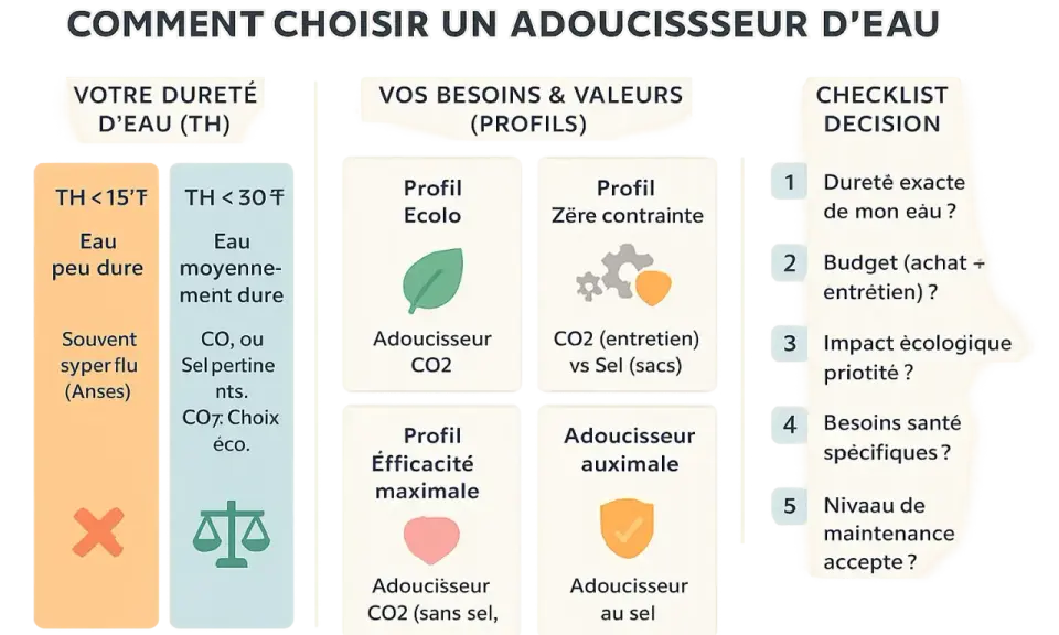 Guide pour choisir quel adoucisseur d'eau pour 4 personnes : dureté de l'eau, profils (écolo, zéro contrainte, efficacité max, maximal), et checklist décision.
