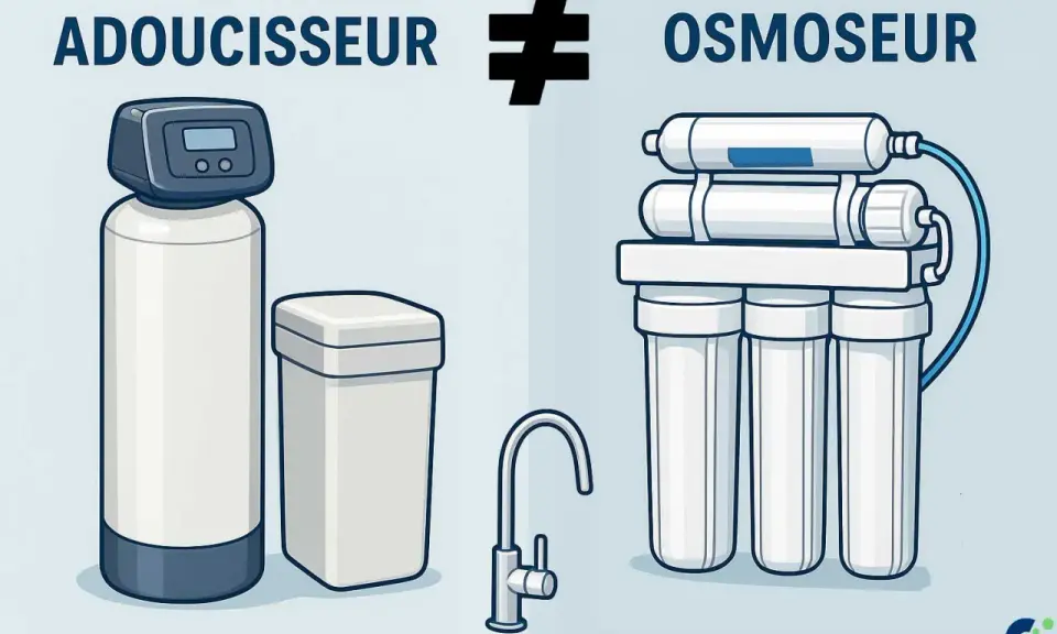 Illustration comparant un adoucisseur d'eau et un système d'osmoseur, montrant leurs différences pour une eau plus pure.