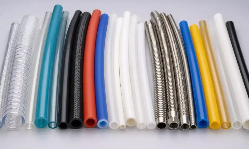 Gamme de tuyaux : transparent, bleu, rouge, noir, blanc, jaune, or et métal. Un tuyau plastique transparent est visible.
