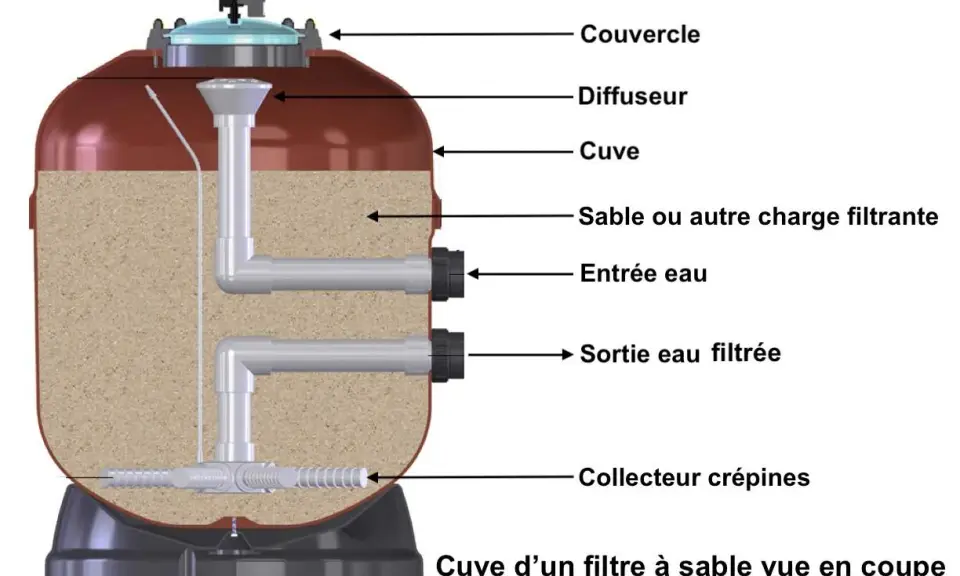 Coupe d'un filtre à sable de piscine, montrant le sable, les entrées/sorties d'eau et le collecteur. Essentiel pour le nettoyage du filtre à sable.