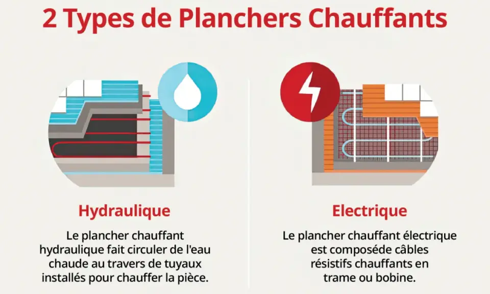 Illustration comparant les planchers chauffants hydraulique et électrique. Le plancher chauffant électrique utilise des câbles pour une température idéale.