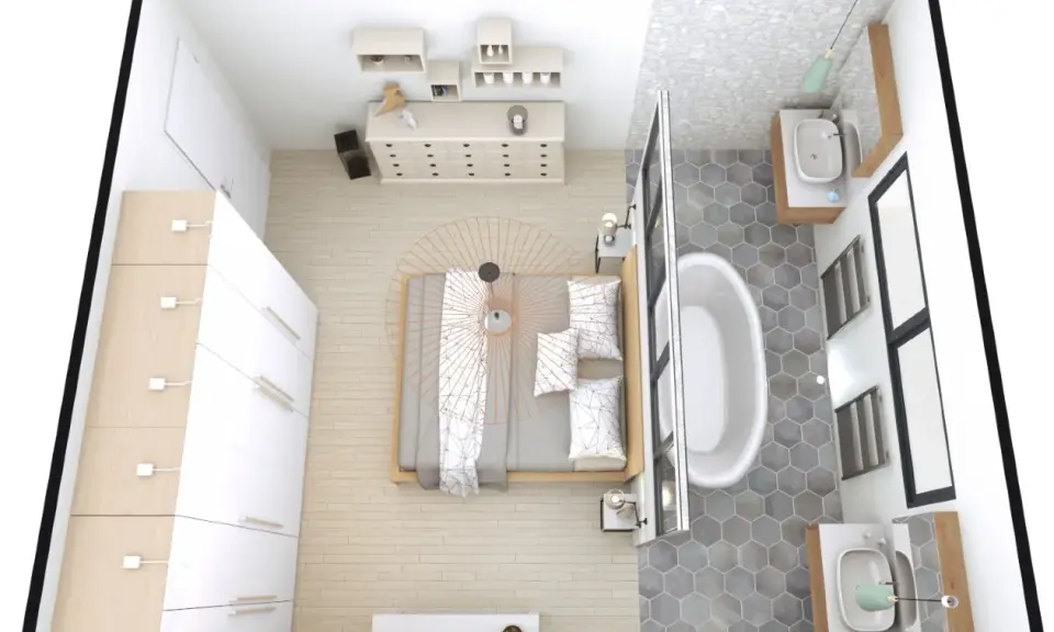 Plan d'une suite parentale : chambre avec lit, dressing et salle de bain attenante avec baignoire et double vasque.