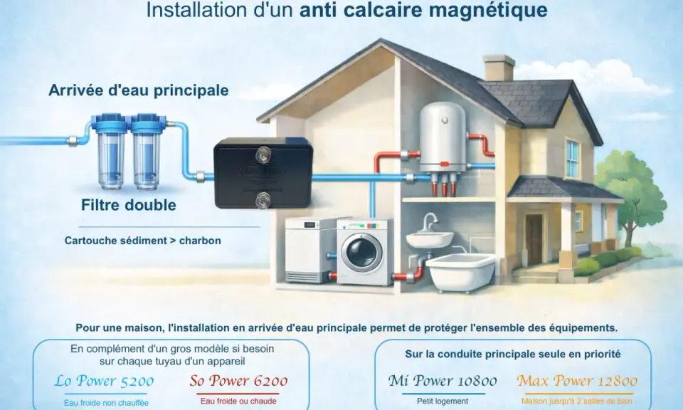 Installation d'un système anti calcaire magnétique pour prévenir la formation du calcaire dans une maison, avec filtre double et appareil Max Power.