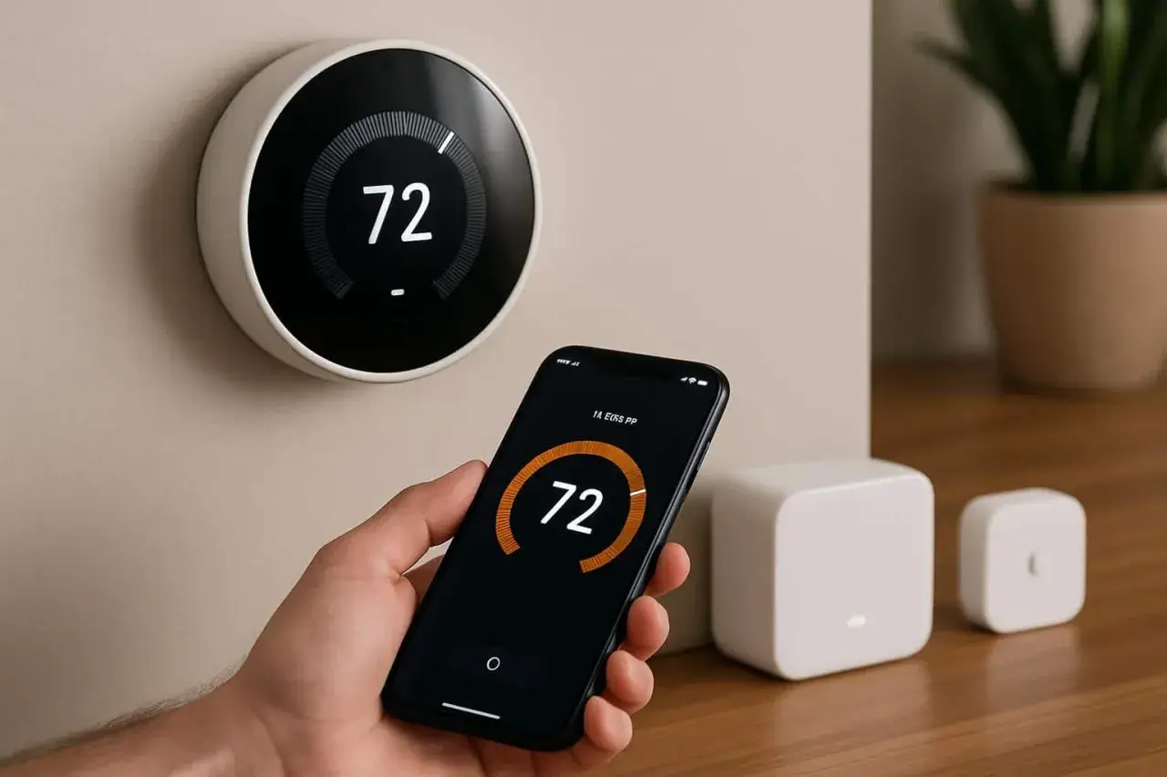 Thermostat intelligent contrôlé par smartphone, un exemple de domotique. La température est réglée à 72 degrés.