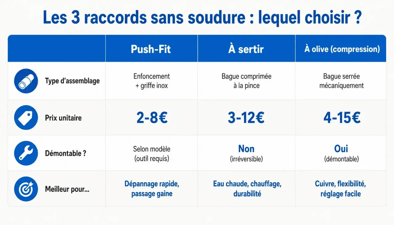 Tableau comparatif des raccords sans soudure : Push-Fit, à sertir, à olive. Idéal pour la plomberie sans soudure.