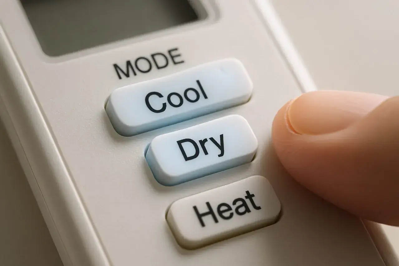 Doigt appuyant sur le bouton "Cool" d'une télécommande clim, offrant le choix entre clim heat ou cool.