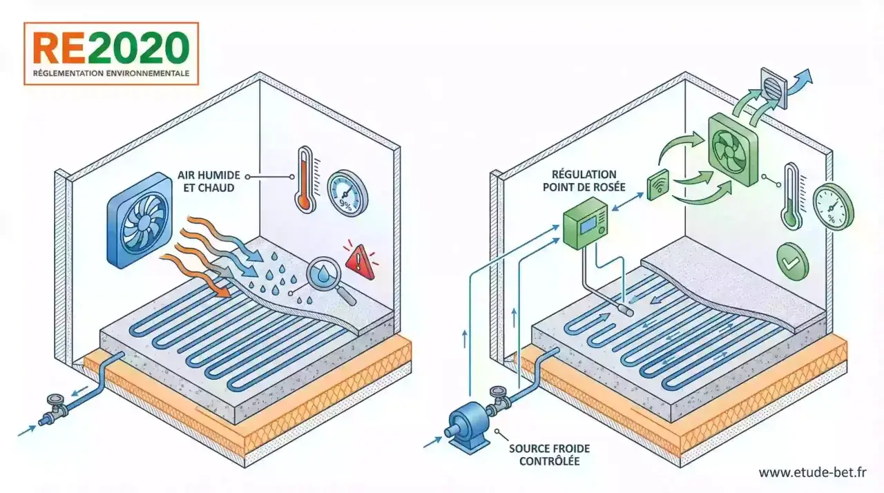 Schéma RE2020 : gestion de l'air chaud et humide vs régulation du point de rosée pour un chauffage optimal.