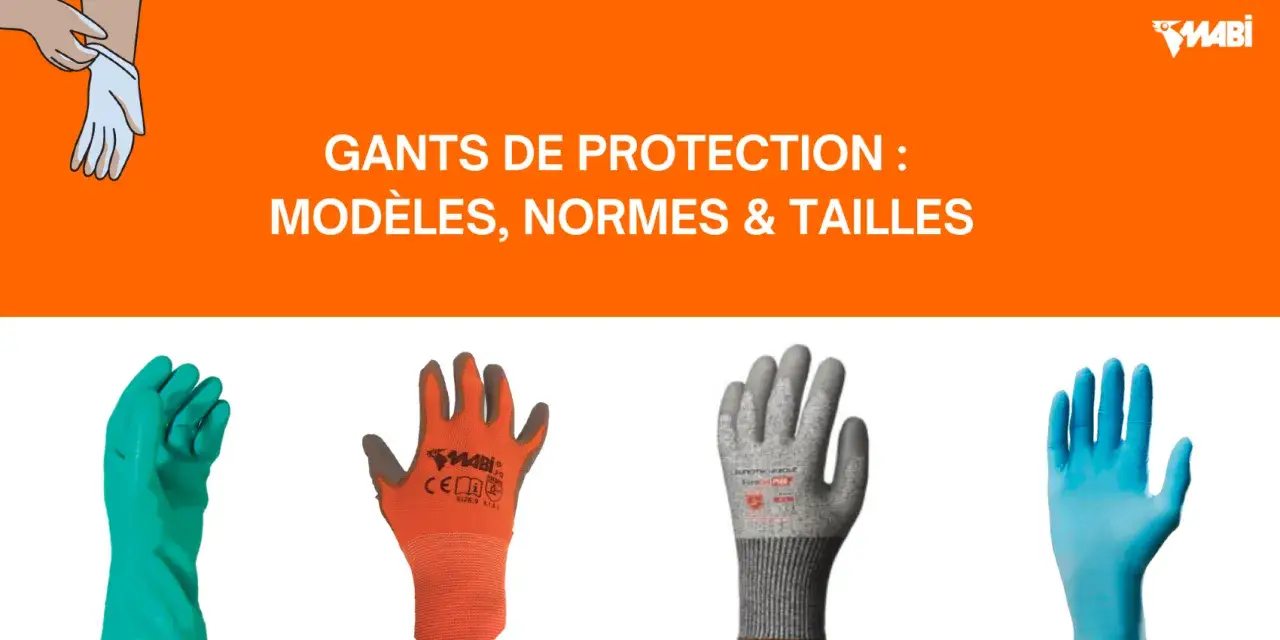 Quatre gants de protection : vert, orange, gris et bleu. Chaque doigt de gant est présenté individuellement.