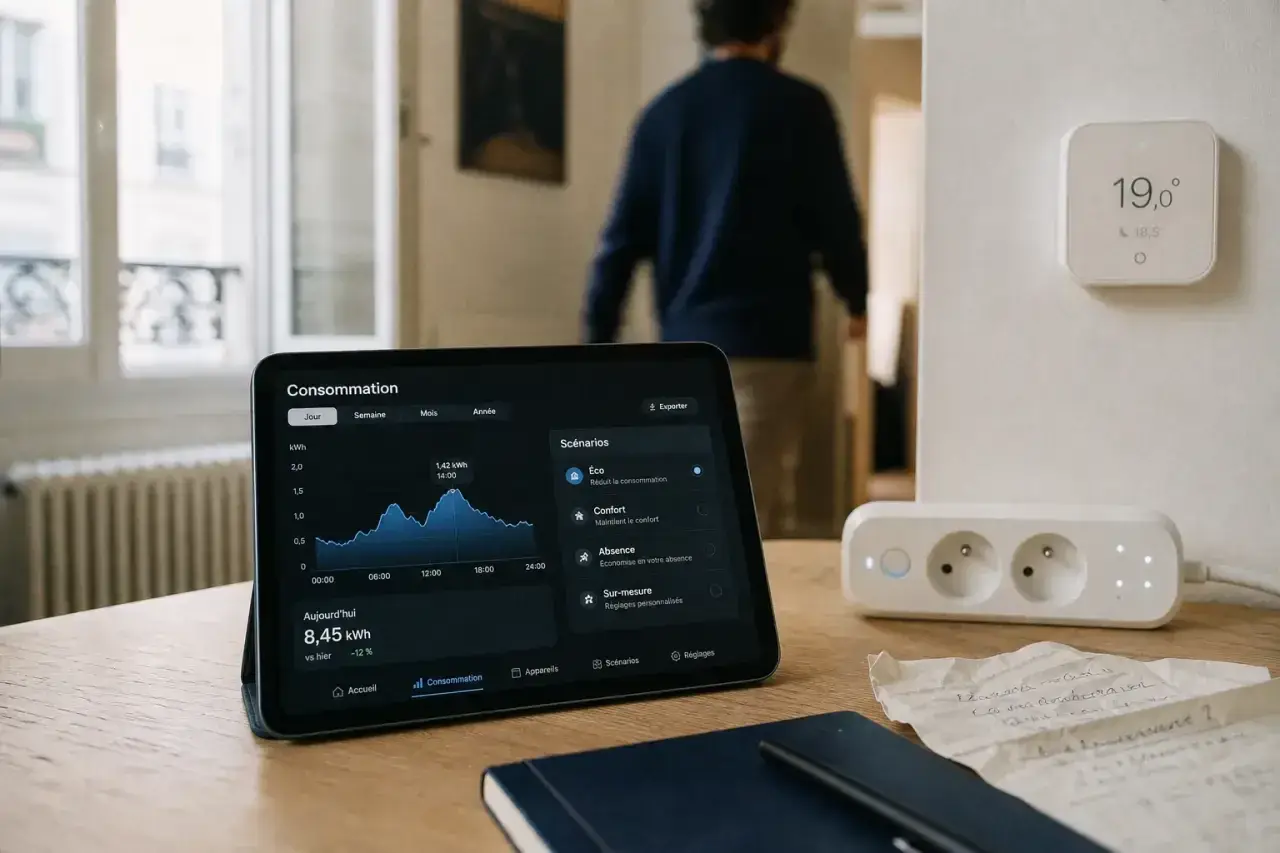 Tablette affichant la consommation d'énergie, thermostat connecté et prise intelligente. La domotique chauffage optimise le confort et les économies.