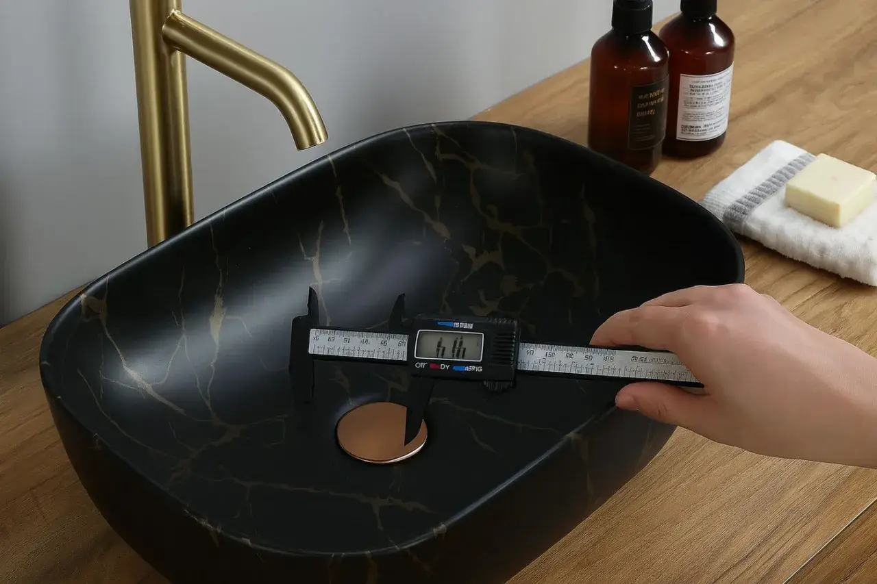 Mesure du diamètre de la bonde universelle d'un lavabo noir marbré d'or.