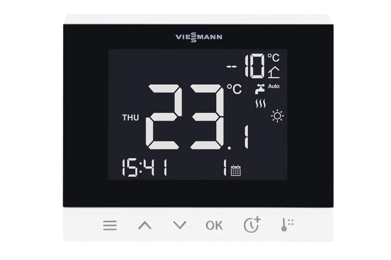 Thermostat Viessmann affichant 23.1°C, idéal pour une pompe à chaleur. Température extérieure -10°C.