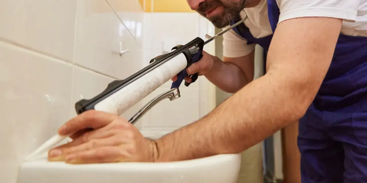 Un homme utilise un pistolet à calfeutrer pour appliquer un joint silicone blanc autour d'un lavabo.