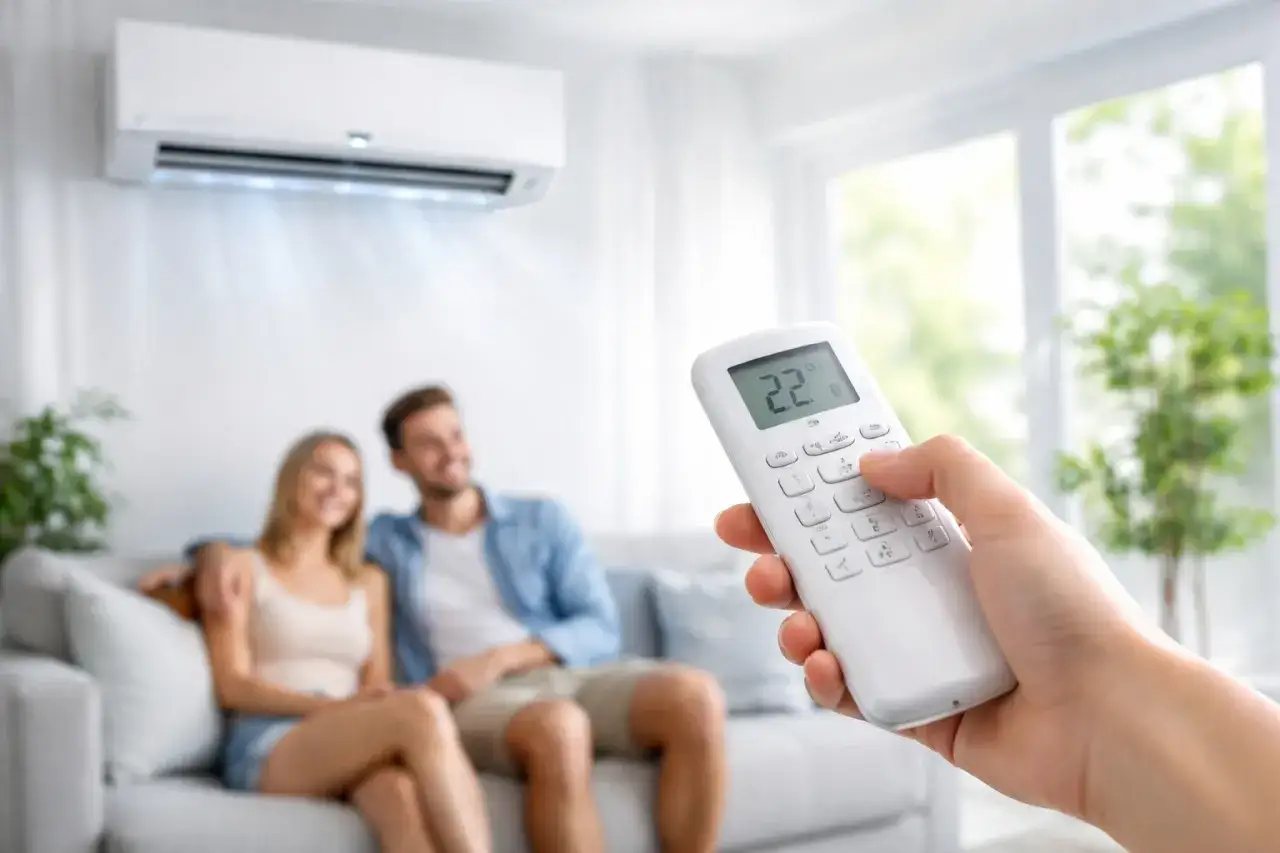 Une main tient une télécommande affichant 22°C, ajustant le tableau température climatisation pour un couple détendu sur un canapé.