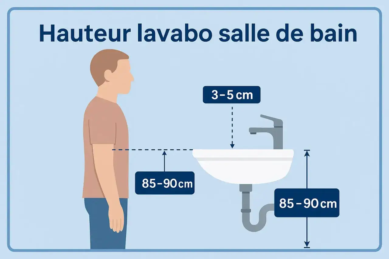 Illustration montrant la hauteur idéale d'un lavabo de salle de bain : 85-90 cm du sol, avec le robinet à 3-5 cm au-dessus du bord.