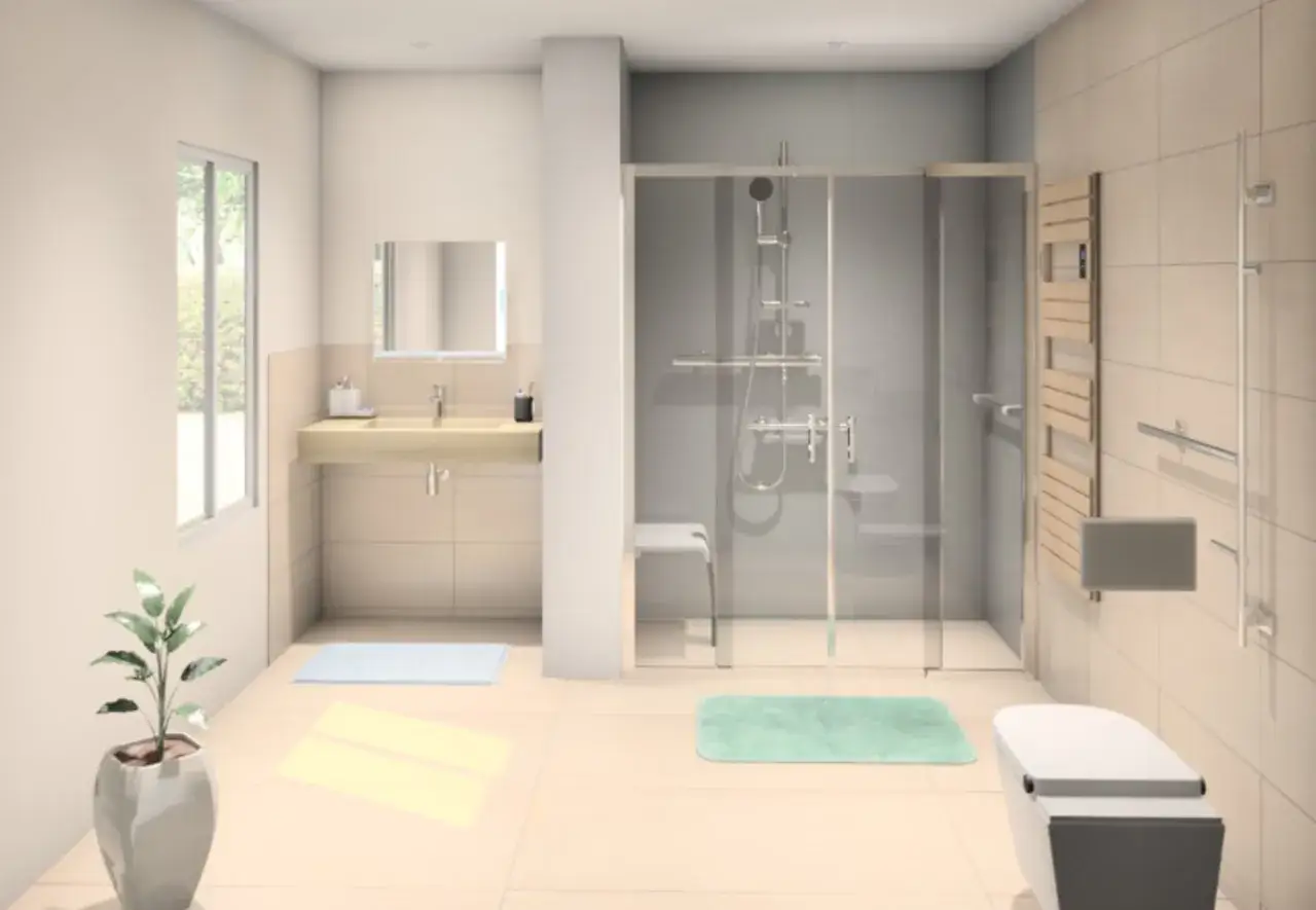 Salle de bain pmr moderne avec douche spacieuse, si&egrave;ge rabattable, barres d'appui et lavabo suspendu.