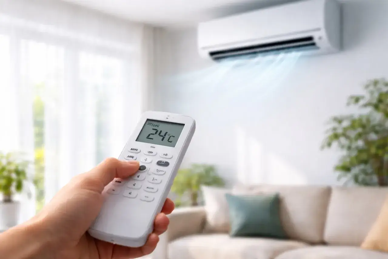 Main tenant utilise la télécommande pour régler la température de son clim heat ou cool. L'air frais sort de l'appareil.