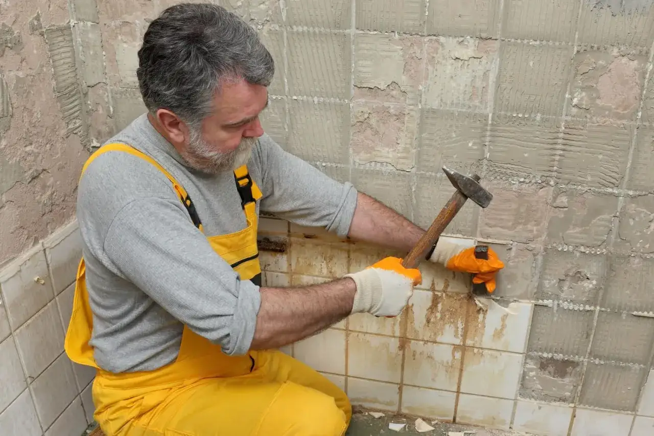 Un homme en salopette jaune utilise un marteau pour enlever du carrelage mural ab&icirc;m&eacute;.