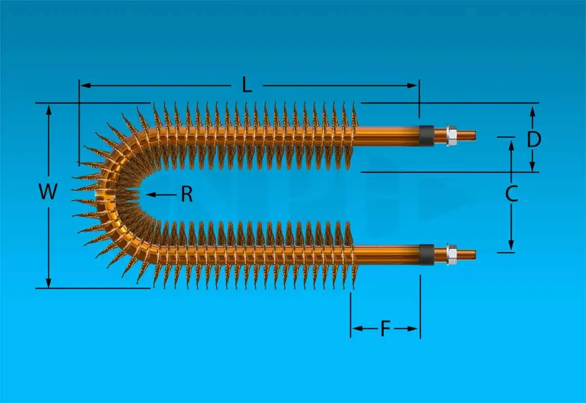 Un élément chauffant en forme de U avec des ailettes, mesurant les dimensions L, W, R, C, D et F. Ce tube de résistance est conçu pour une efficacité thermique maximale.