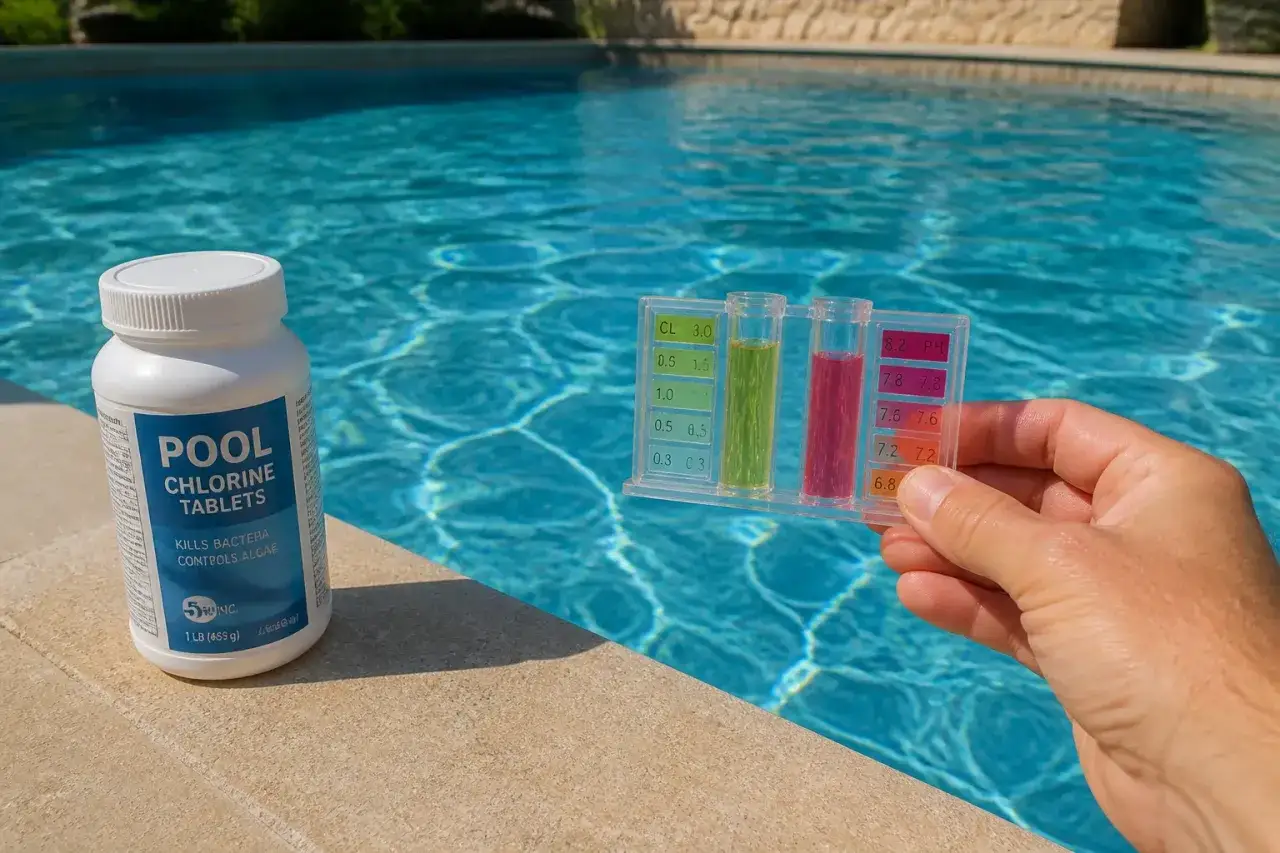 Test de chlore et de pH pour piscine. Le temps d'évaporation du chlore dans l'eau est une préoccupation.