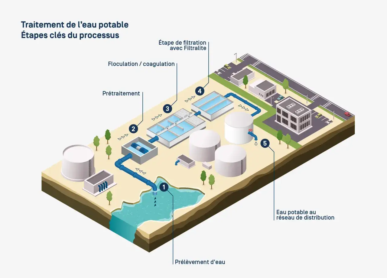 Schéma du traitement de l'eau potable à Angers : prélèvement, prétraitement, floculation, filtration, puis distribution.