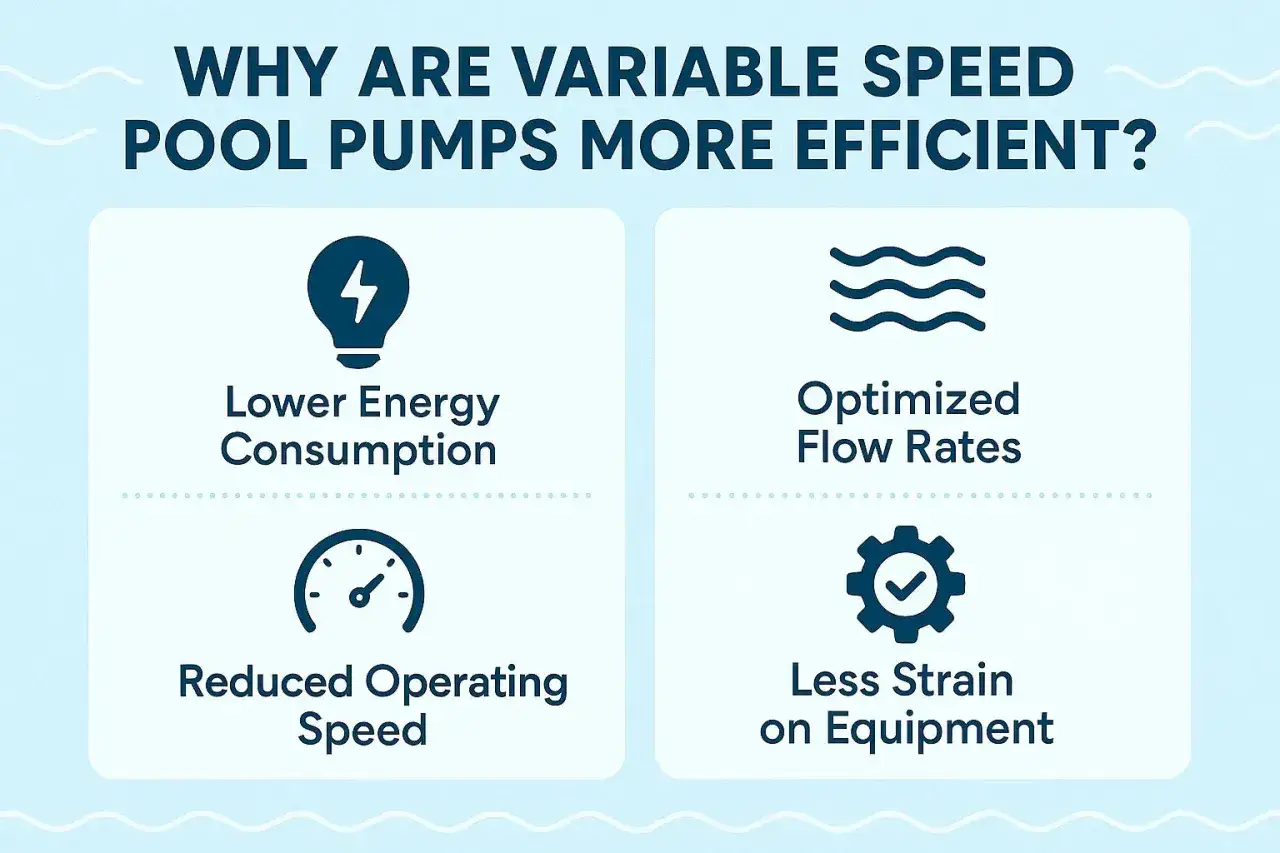 Infographie expliquant pourquoi les pompes de piscine à vitesse variable sont plus efficaces : faible consommation d'énergie, débit optimisé, vitesse réduite, moins de contrainte sur l'équipement.