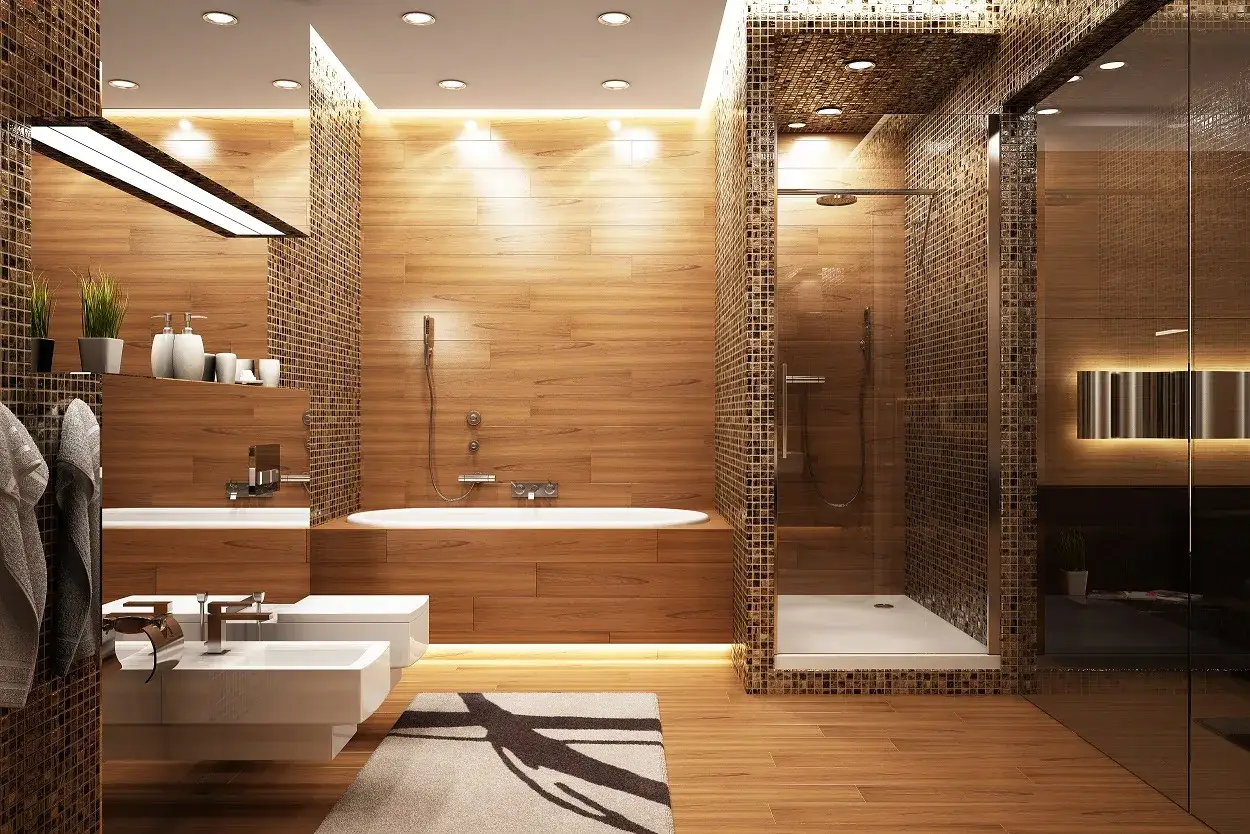 Salle de bain moderne avec douche et baignoire, murs en bois et mosaïque, lavabos suspendus et éclairage d'ambiance.