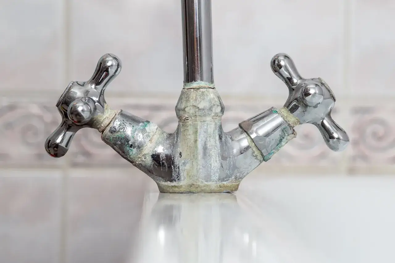 Robinet entartré, témoignant de la dureté de l'eau à Rennes. Les dépôts calcaires verts et blancs recouvrent le métal chromé.