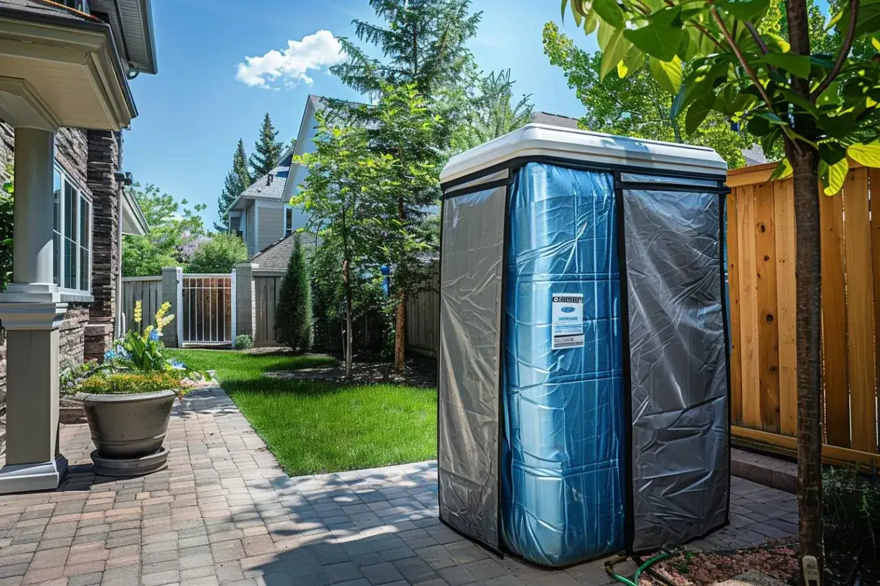 Un adoucisseur d'eau extérieur, protégé par une housse, se trouve sur une terrasse pavée, à côté d'une pelouse verte et d'une clôture en bois.