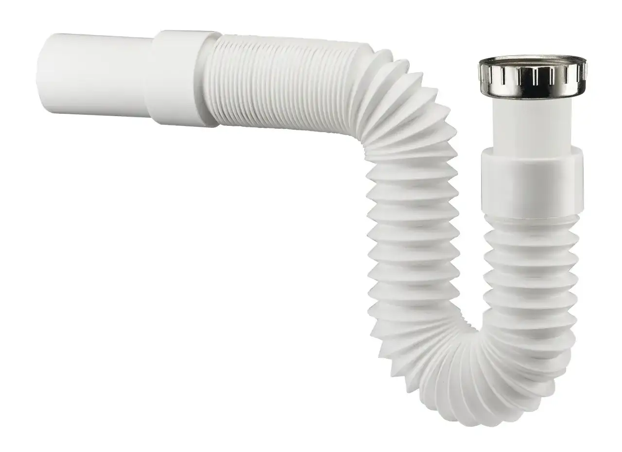 Tuyau de vidange blanc en pvc flexible, avec un raccord métallique.