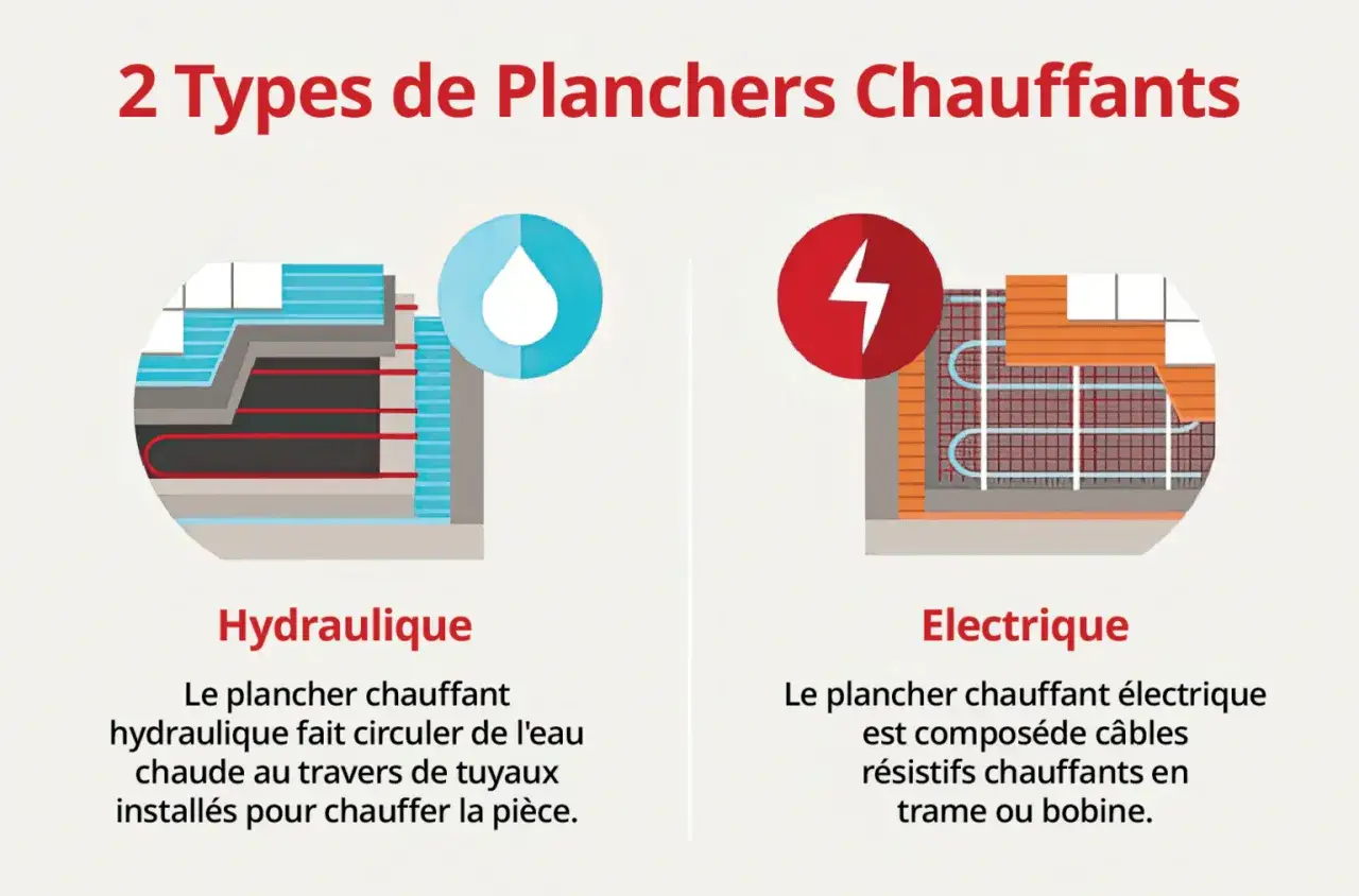Planchers chauffants hydraulique et électrique. L'inertie du plancher chauffant hydraulique est assurée par la circulation d'eau dans les tuyaux.