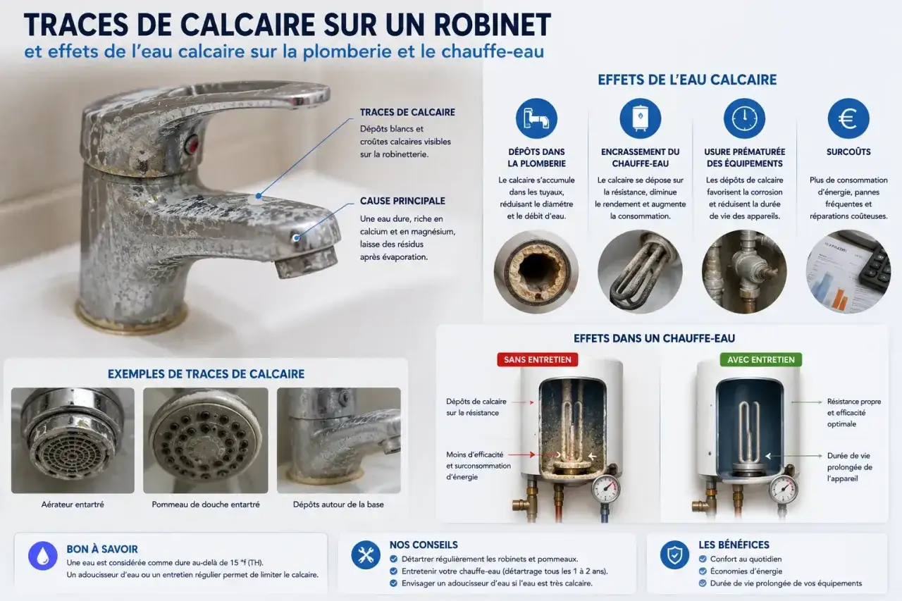 Robinet entartré par l'eau calcaire, un problème courant à Strasbourg. L'eau potable dure laisse des traces blanches.