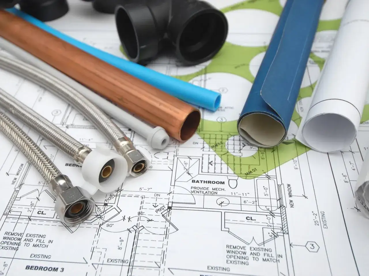 Plans de plomberie avec tuyaux en cuivre, plastique et flexibles. Un tuyau serti est prêt pour l'installation.