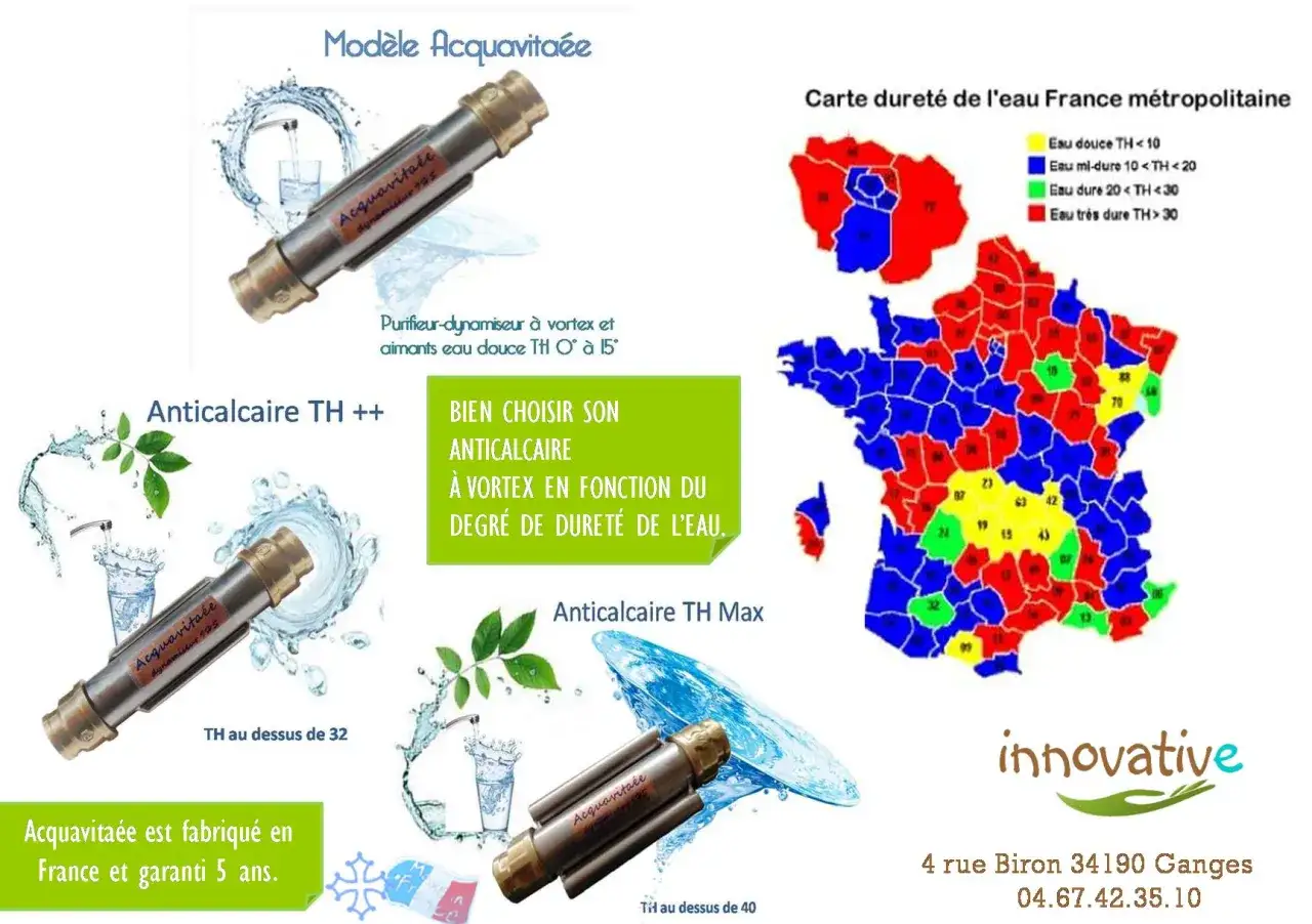 Carte de la dureté de l'eau en France. Des appareils Acquavitaée pour lutter contre l'eau calcaire, fabriqués en France.