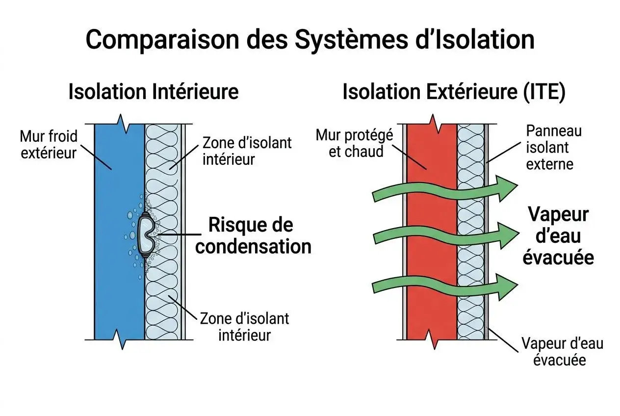 Comparaison isolation intérieure/extérieure. L'isolation intérieure crée un risque de condensation sur le mur froid, contrairement à l'ITE qui évacue la vapeur d'eau.