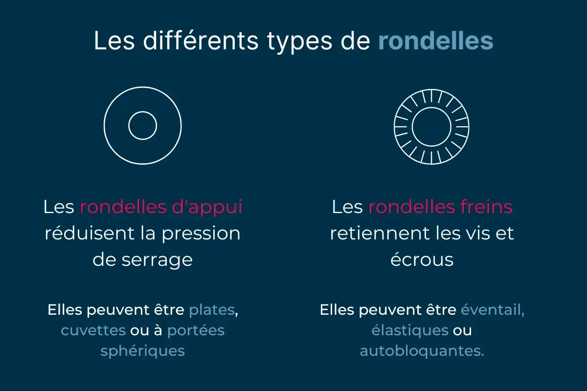 Illustration comparant deux types de rondelles : une rondelle d'appui simple et une rondelle frein, aussi appelée rondelle papillon.