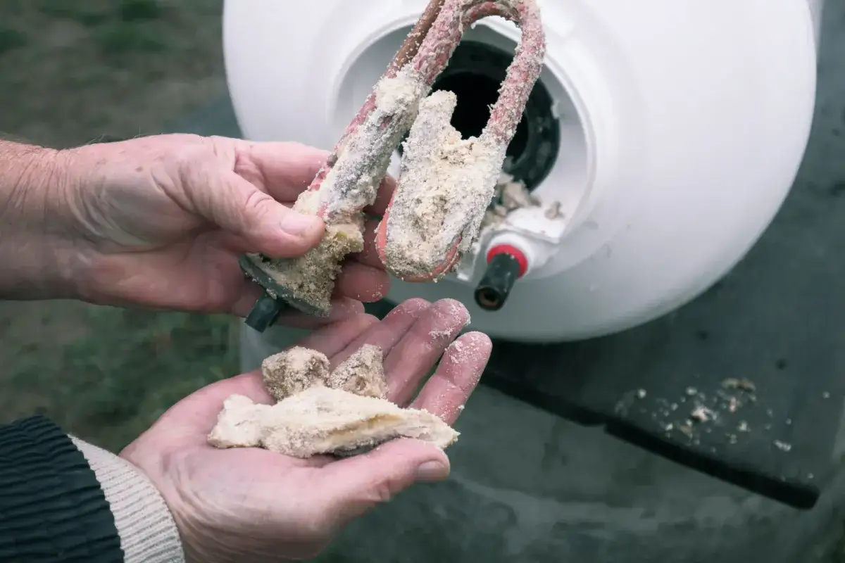 Mains d'une personne tenant un élément chauffant de chauffe-eau couvert de calcaire, preuve d'une eau très calcaire. Des morceaux de tartre tombent dans la paume de la main.