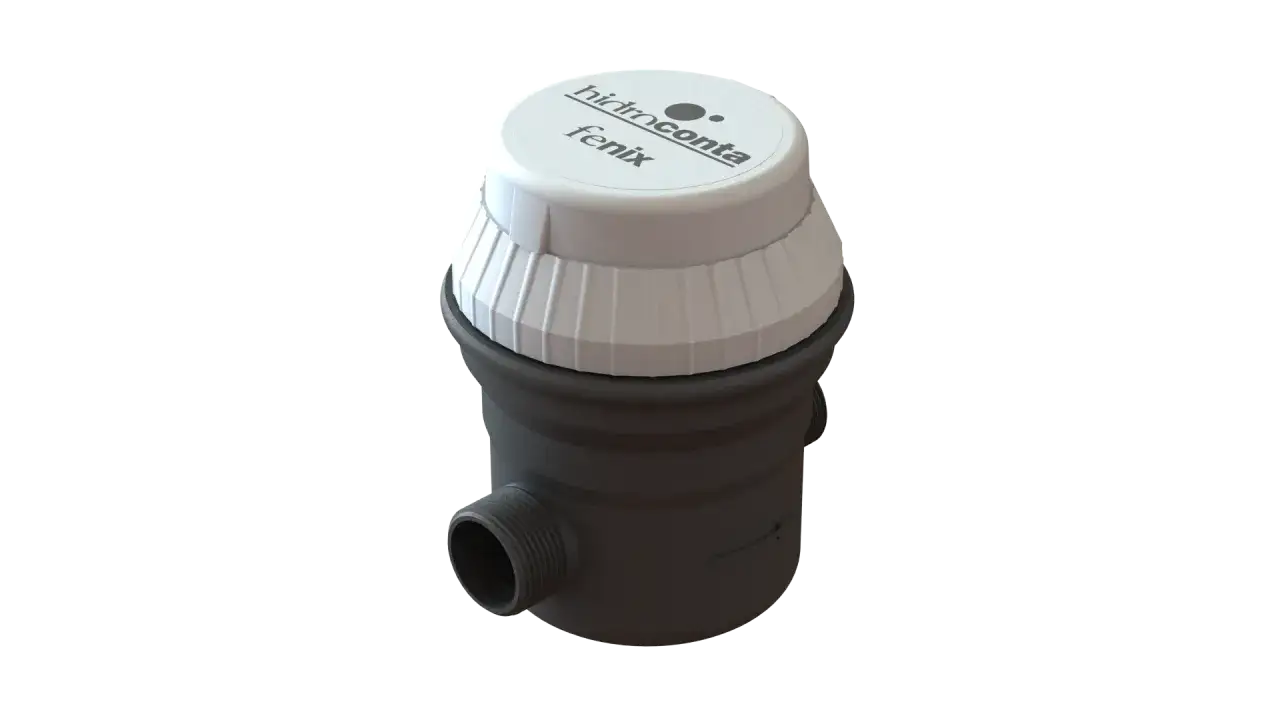 Compteur volum&eacute;trique eau Hidroconta Fenix, avec son corps noir et son capuchon blanc.